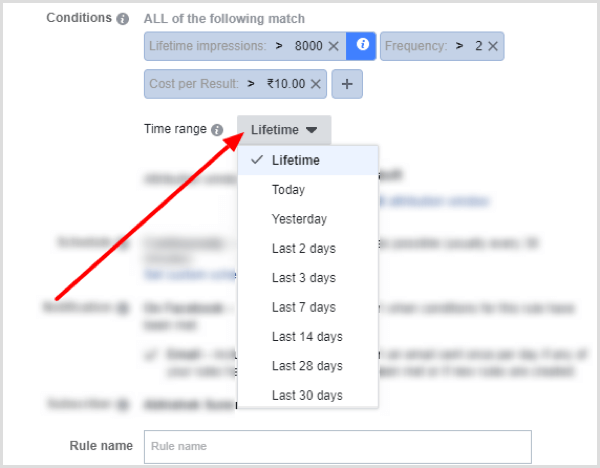 Опции от падащото меню на времевия диапазон при настройване на условие за правилото на Facebook