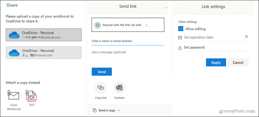 Споделете настройките за изпращане и свързване на Excel в Windows