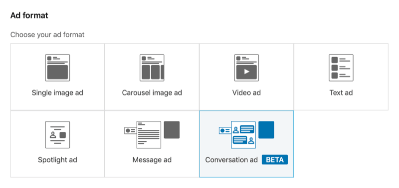 екранна снимка на LinkedIn Campaign Manager с избран формат на рекламата за разговор