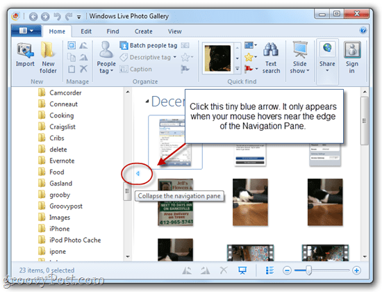 Показване / скриване на панела за навигация в Windows Live Photo Gallery 