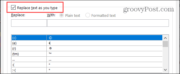 Заменете текста, докато пишете в Word на Windows