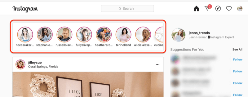 екранна снимка на емисия на instagram с подчертани кръгове на профила на историите