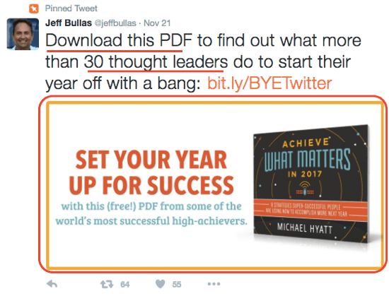 Джеф Булас използва привлекателно изображение в Twitter, за да насърчи изтеглянето на електронната си книга.