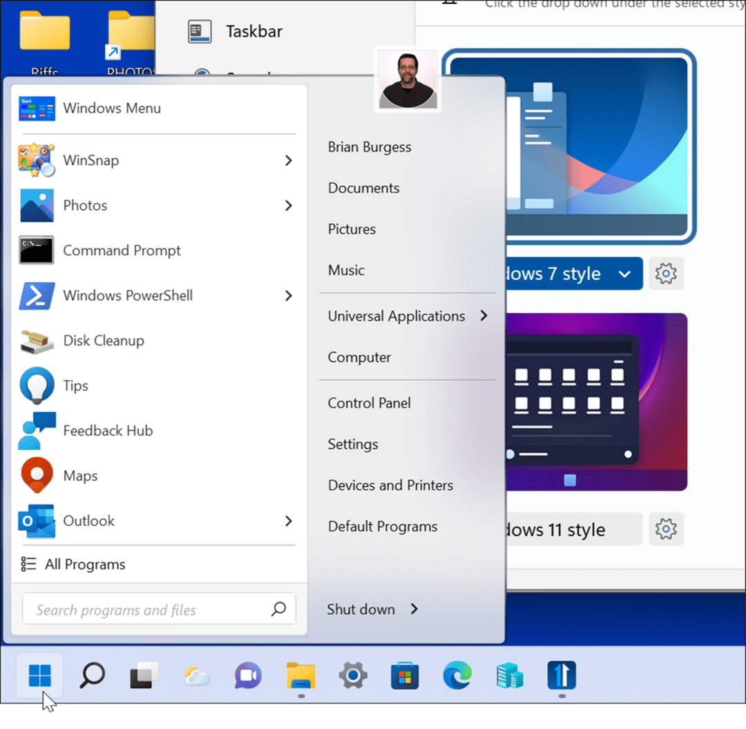 Стилът на windows 7 подобрява стартовото меню на Windows 11 и лентата на задачите с Windows 11