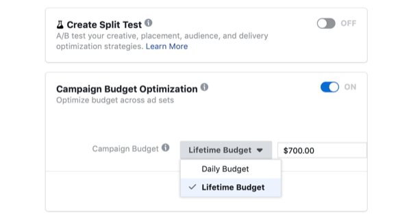 избор на оптимизация на бюджета на кампанията и доживотен бюджет за кампания във Facebook в деня на флаш продажбата