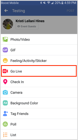 Опция Go Live за събитие във Facebook чрез мобилното приложение на Facebook