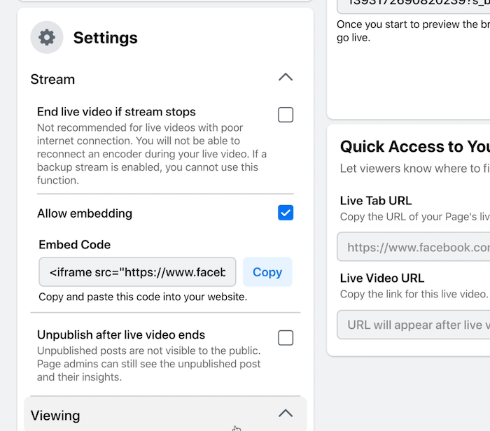 facebook настройки на поточно предаване на живо, за да приключи на живо, ако потокът спре, позволи вграждане с вградения код и премахване на публикуването на видео след края на живо