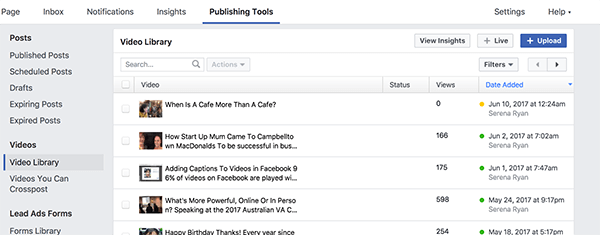 Вашата видео библиотека във Facebook съхранява всичките ви публикувани и непубликувани видеоклипове. Видеоклиповете с жълта точка са непубликувани, а видеоклиповете със зелена точка са публикувани.