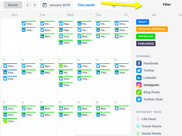 Как да организираме маркетингови задачи в социалните медии, преглед на календара на ContentCal с филтри