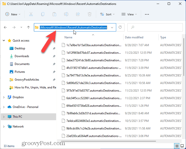 Отидете в папката AutomaticDestination във File Explorer