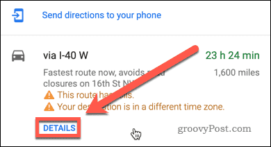 Бутон за подробности за упътванията на Google Maps