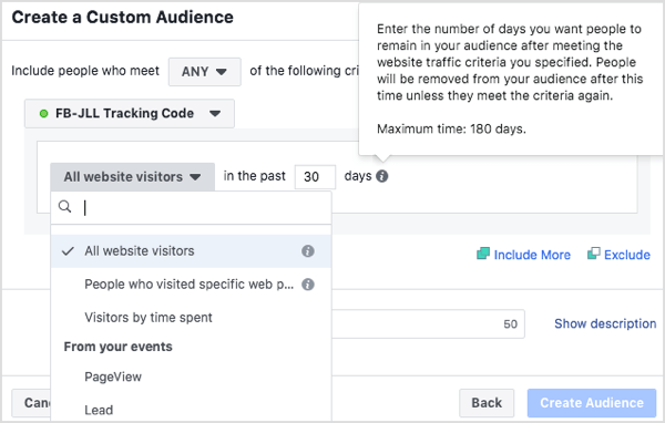 Създайте персонализирани аудитории от хора, които са посетили уебсайта Ви през последните 30 дни, 60 дни, 90 дни и 180 дни. 