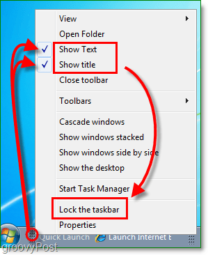 деактивирайте бързия старт на текст и заглавие в Windows 7, заключете лентата на задачите