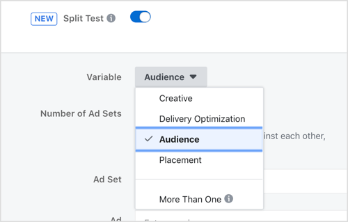 Изберете променлива, която да тествате с функцията за разделно тестване на Facebook.