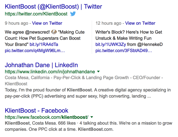 пример за покритие на klientboost на страницата с резултати от търсачката serp