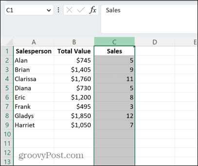 Excel избрана колона
