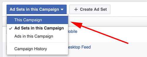 facebook рекламен мениджър изберете кампания