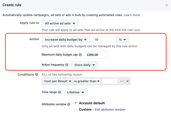 Използвайте автоматизирани правила на Facebook, увеличете бюджета, когато ROAS е по-голяма от 2, стъпка 2, настройки за действие