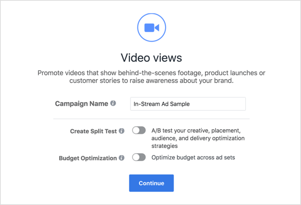 ALTSИзберете Video Views като цел на кампанията си и въведете име за кампанията си. 