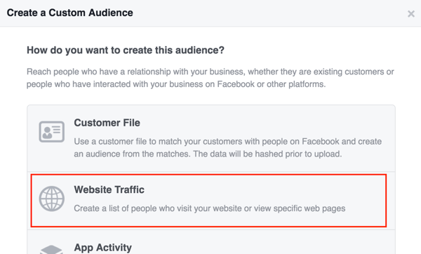 Създайте персонализирана аудитория във Facebook въз основа на трафика на уебсайта.