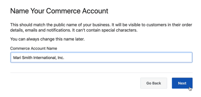 опция за диалогов прозорец, за да наименувате вашия търговски акаунт във facebook