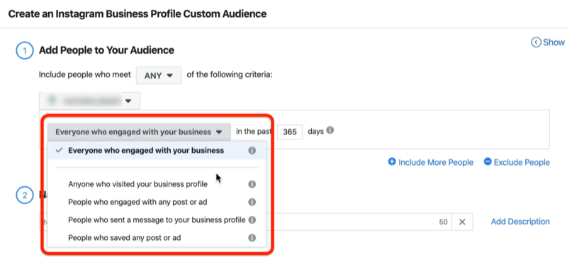 екранна снимка на опциите на падащото меню на всеки, който се е ангажирал с вашия бизнес в прозореца Създаване на потребителска аудитория на потребителски профил в Instagram
