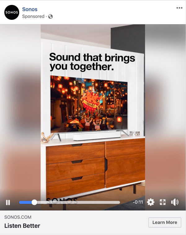 Пример за видеореклама във Facebook от Sonos.