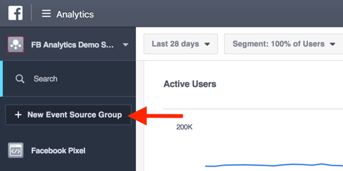 Създайте групи източници на събития от таблото за управление на Facebook Analytics.