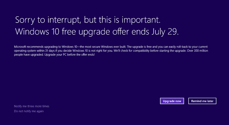 Microsoft публикува известие за оферта за край на безплатните надстройки за Windows 10