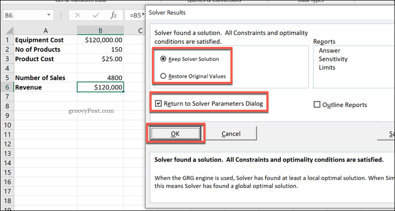 Прозорец с резултати на Excel Solver