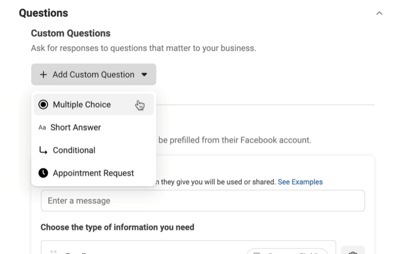 facebook водещи реклами създават нова опция за формуляр за олово, за да добавите меню за персонализирани въпроси с опции за многократен избор, кратък отговор, условен или искане за среща