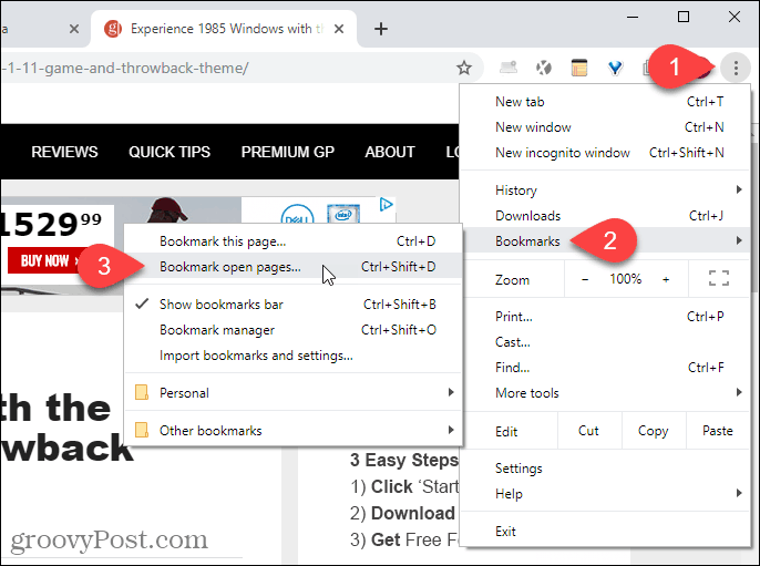 Изберете отметка отворени страници от менюто на Chrome