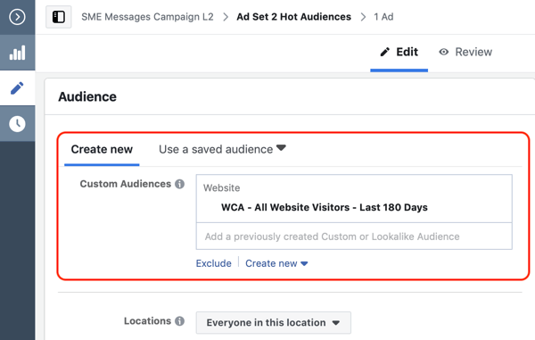 Как да конвертирате посетителите на уебсайта с реклами във Facebook Messenger, стъпка 2, създайте аудитория по избор на уебсайт
