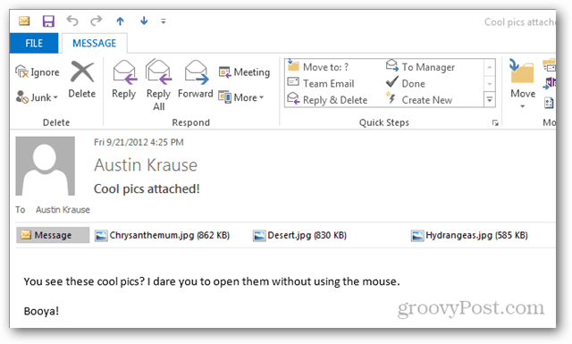 Как да отворите прикачени файлове в Outlook 2013 без мишка