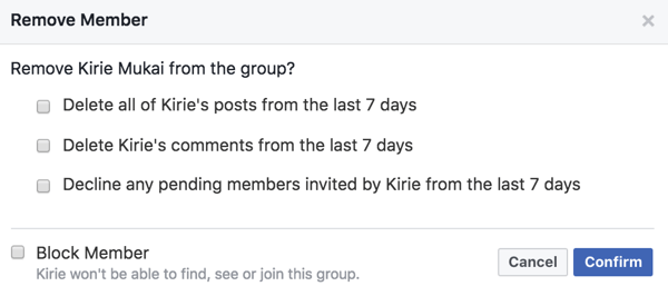 Можете да изтривате публикации, коментари и покани на членове, когато ги премахвате от вашата група във Facebook.