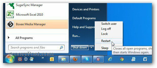 Променете бутона за захранване на менюто Windows 7 Start менюто Винаги рестартирайте