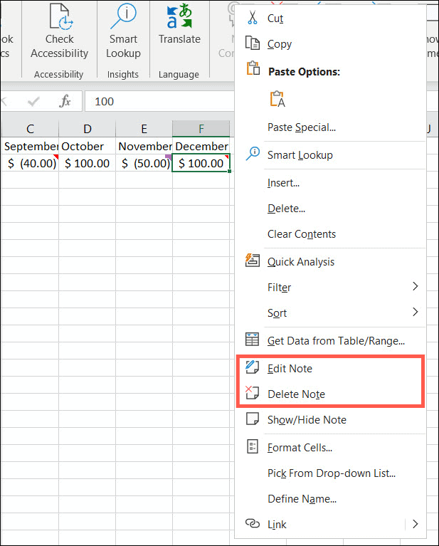 Редактиране или изтриване на бележки в Excel