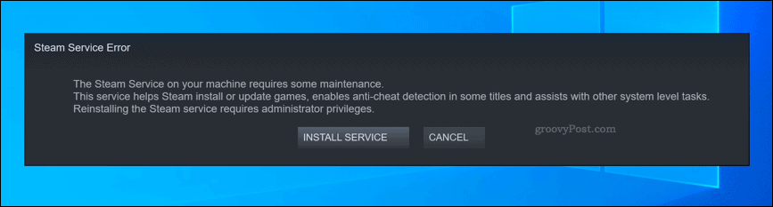 Кутия за предупреждение за грешка в услугата Steam