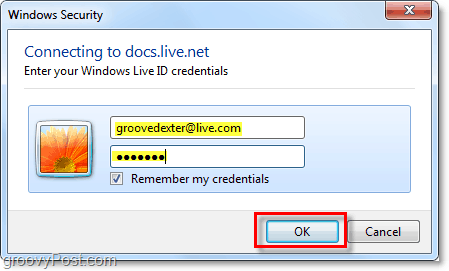въведете потребителското име и паролата на вашия акаунт на живо акаунт в Microsoft Office 2010