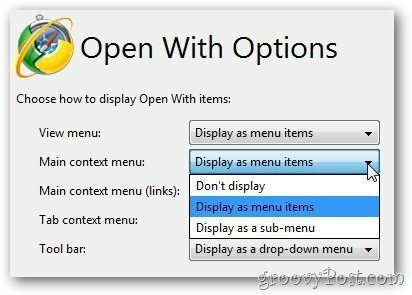 Отваряне с опции - основно контекстно меню