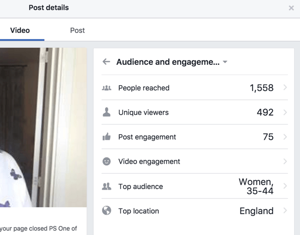 Facebook показва отделни статистически данни за ангажимента за публикацията и видеото.