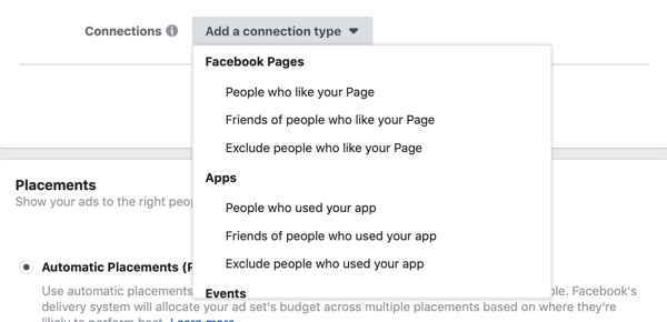Добавете опции за тип връзка за водеща рекламна кампания на Facebook.