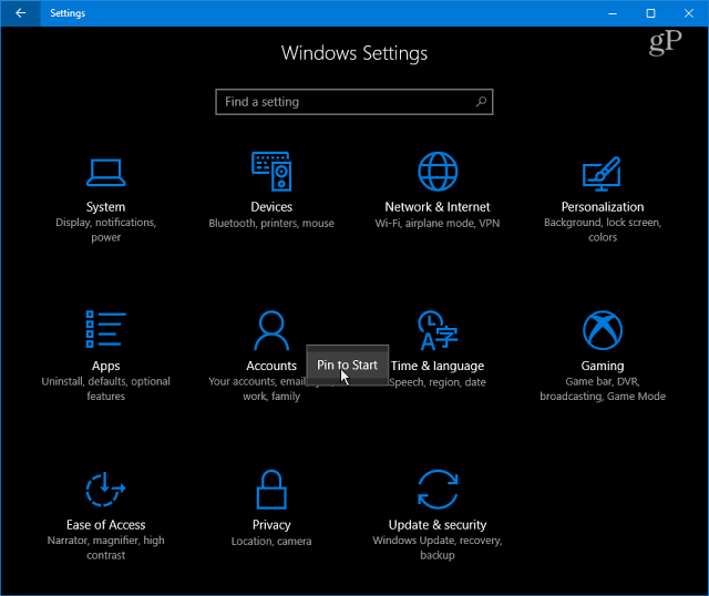 Категории настройки на Windows 10
