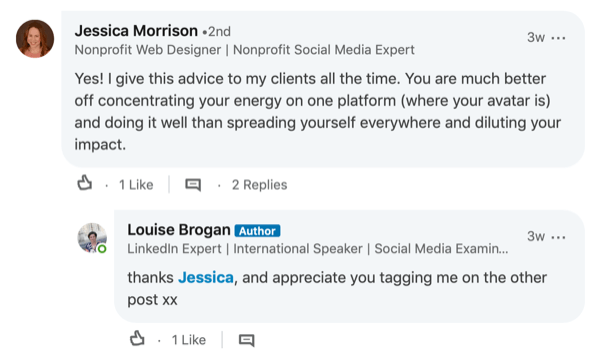 пример за отговор на коментар в публикация в LinkedIn