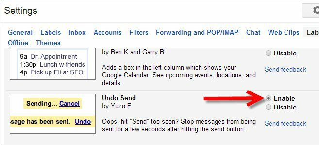 Активиране на Отмяна на изпращането чрез Gmail Labs