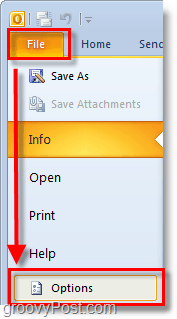 в Outlook 2010 използвайте лентата на файла, за да отворите опции