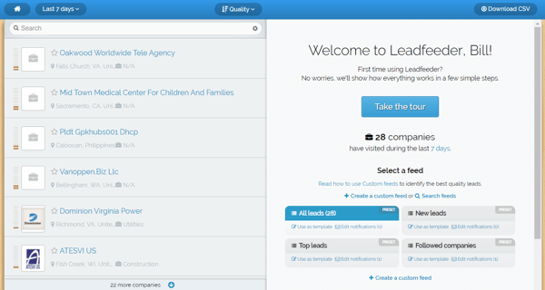 Leadfeeder предлага безплатна пробна версия и ще видите този екран, след като се регистрирате.