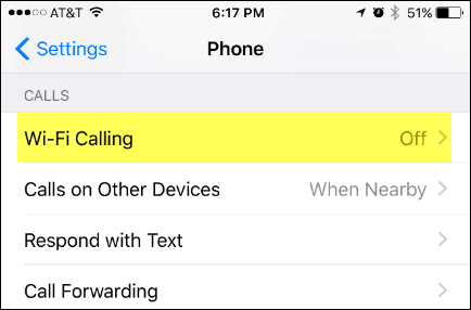 WiFi обаждане в менюто за настройки на iPhone
