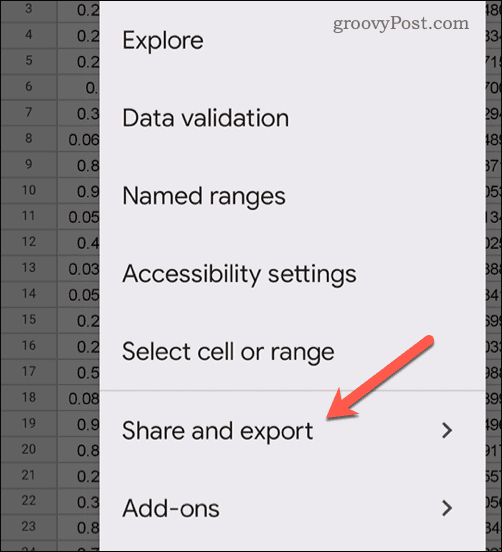 Отворете менюто за споделяне и експортиране в Google Таблици на мобилно устройство