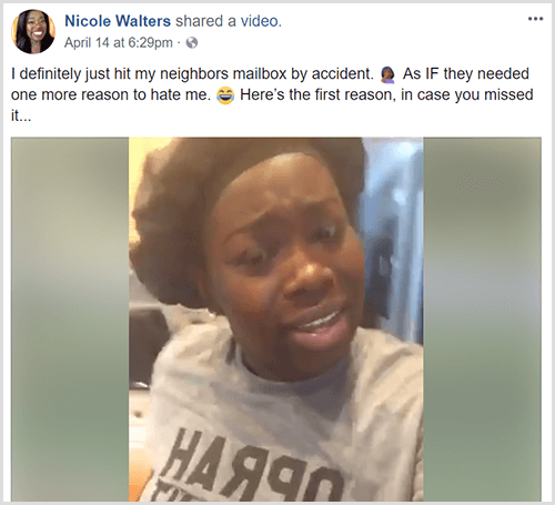 Никол Уолтърс публикува видео във Фейсбук с текстово въведение, в което се казва, че просто е ударила пощенската кутия на съседа си случайно. Никол е облечена в черна обвивка за глава и сива тениска.